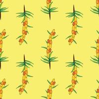 Sea buckthorn seamless pattern. Twigs with berries and leaves. Template with orange fresh berries for wallpaper vector