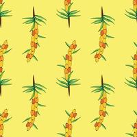 Sea buckthorn seamless pattern. Twigs with berries and leaves. Template with orange fresh berries for wallpaper vector