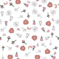 Seamless pattern rose petals, buds and flowers. Confetti, cosmetics, wedding, beautiful flower background vector