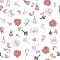 Seamless pattern rose petals, buds and flowers. Confetti, cosmetics, wedding, beautiful flower background vector