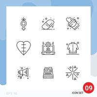 Set of 9 Commercial Outlines pack for setting laptop firefighter seo human heart Editable Vector Design Elements