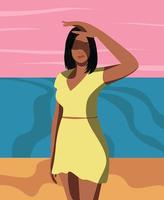 Digital illustration of a bright girl on the beach covers her face from the sun at sunset vector