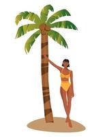 Digital illustration of a beautiful girl model stands near a palm tree and enjoys vacation vector