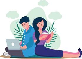 The guy is sitting at the computer, and the girl is reading a book vector