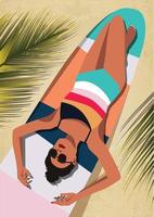 Digital illustration of a girl on vacation in summer sunbathing on a surfboard and posing for a photo vector