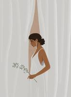 Digital illustration of a gentle image of a girl in a white dress model posing with a flower in her hands vector