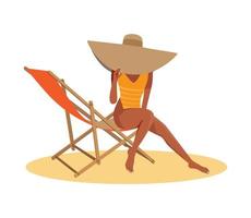 Digital illustration of a girl in the summer at the sea on vacation sits in a big hat on a deck chair vector