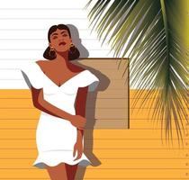 Digital illustration of a beautiful girl in summer in a white dress on vacation is photographed against the background of a palm tree vector