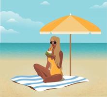 ilustración digital de una chica de vacaciones en verano sentada en la playa bajo una sombrilla y bebiendo jugo de coco vector