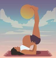 una chica embarazada se dedica al yoga en la naturaleza en la pose de salamba sarvangasana vector