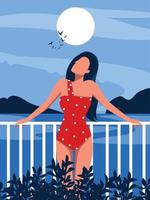 Vector illustration character girl without a face in a swimsuit on the beach on vacation swims and sunbathes