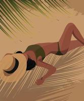 ilustración digital de una chica tomando el sol en los trópicos en unas vacaciones de verano posando para una foto en la playa bajo una palmera vector