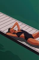 Digital illustration of a girl in a swimsuit in the summer resting on vacation sunbathes on the pier and swims in the sea vector