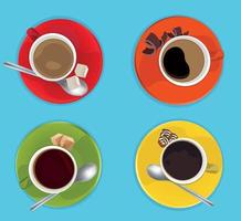 There are three types of coffee and one tea with sweets to choose from on a bright background vector