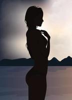 Digital illustration of a silhouette of a girl on vacation swims in the ocean sea vector