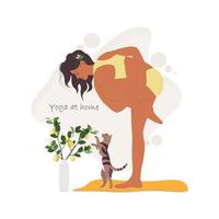 The girl is engaged in yoga at home online with the cat vector