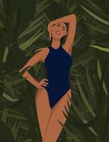 ilustración digital de una hermosa chica bronceada en verano de vacaciones en un traje de baño azul posando en la jungla entre vegetación y palmeras vector