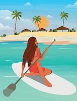 Digital illustration A girl on vacation in the Maldives on an island in a beautiful swimsuit swims and relaxes on a surfboard vector