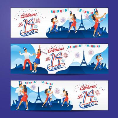 Set of Bastile day banners with dance, parties and firework. Le 14 Juillet French translation of 14 July French national Day