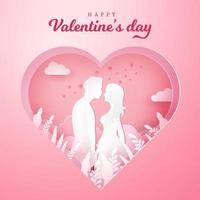 Valentine's Day greeting card. couple in love holding hands and looking each other with carved heart background. vector