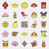 conjunto de iconos de elementos de celebración del año nuevo chino. iconos en estilo de línea rellena. bueno para impresiones, carteles, logotipos, decoración de fiestas, tarjetas de felicitación, etc. vector