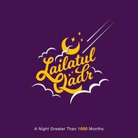 Lailatul Qadr lettering greeting card design with crescent moon and stars. vector