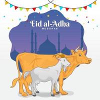 tarjeta de felicitación eid al adha. fiesta de sacrificio. caricatura, cabra, y, vaca, con, mezquita, como, plano de fondo vector