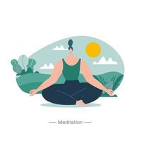 Woman meditating in nature flat vector illustration. yoga, meditation, relax, healthy lifestyle concept illustration
