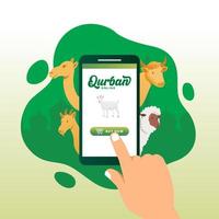 concepto de aplicación móvil qurban en línea. ilustración de un teléfono inteligente con animales de sacrificio para eid al adha vector