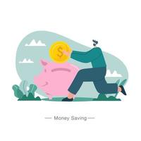 Money saving concept illustration. man saving money in piggy bank. suitable for web, banner, poster and landing page. vector