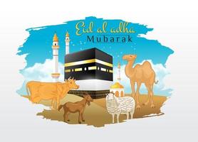 tarjeta de felicitación eid al adha con cabra, oveja, vaca, camello con kaaba como fondo vector