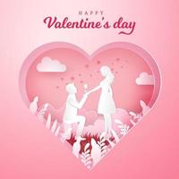 Valentine's Day greeting card. Young man kneeling to his girlfriend and giving a rose with carved heart background vector