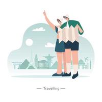 Ilustración de vector de concepto de viaje. pareja joven va a ir de vacaciones.