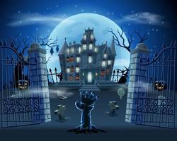 happy halloween background with zombie hand from the ground on graveyard with haunted house, pumpkins and full moon vector