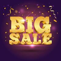 3d vector golden text Big Sale with confetti on purple background