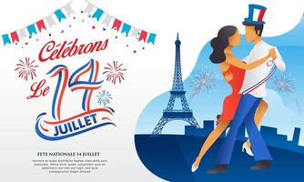 tarjeta de felicitación del día de la bastilla con baile, fiestas y fuegos artificiales. le 14 juillet traducción al francés del 14 de julio día nacional francés vector