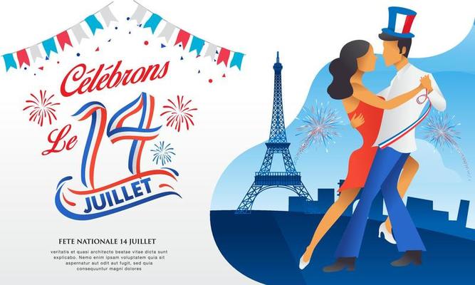 Bastile day greeting card with dance, parties and firework. Le 14 Juillet French translation of 14 July French national Day