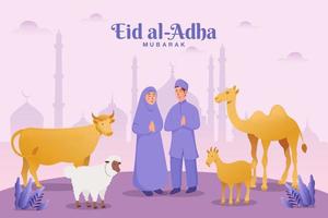 tarjeta de felicitación eid al adha. pareja con sacrificio animal celebrando eid al adha con mezquita como fondo vector