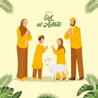 tarjeta de felicitación eid al adha. familia musulmana de dibujos animados celebrando eid al adha con animales de sacrificio vector