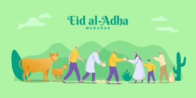 Eid al Adha mubarak greeting concept. illustration of sharing the meat of the sacrificial animal that has been cut vector