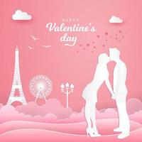 Valentine's Day greeting card. romantic couple kissing in the park with  bicycle on pink background vector