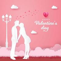 Valentine's Day greeting card. romantic couple kissing and holding hands on pink background vector