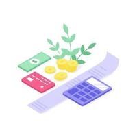 Calculator and counting money. Vector isometry illustration