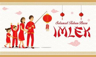 selamat tahun baru imlek es otro idioma de feliz año nuevo chino en indonesio. ilustración vectorial una familia china jugando petardo celebrando el año nuevo chino vector