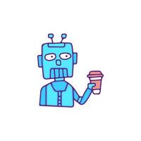 un personaje de robot genial bebe café, ilustración para camisetas, pegatinas o prendas de vestir. con estilo garabato, retro y caricatura. vector