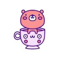 Cute bear with cup of tea illustration, with soft pop style and old style 90s cartoon drawings. Artwork fort shirt, patchworks. vector