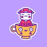 Cute mushroom character inside cup of coffee illustration, with soft pop style and old style 90s cartoon drawings. Artwork for street wear, t shirt, patchworks. vector