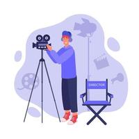 Videographer or director cartoon vector illustrations. Man using camera making video