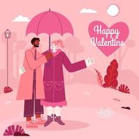 tarjeta de felicitación del día de san valentín. pareja joven de pie bajo el paraguas en un día lluvioso vector