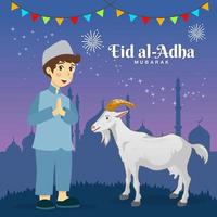 tarjeta de felicitación eid al adha. lindo niño musulmán de dibujos animados celebrando eid al adha vector